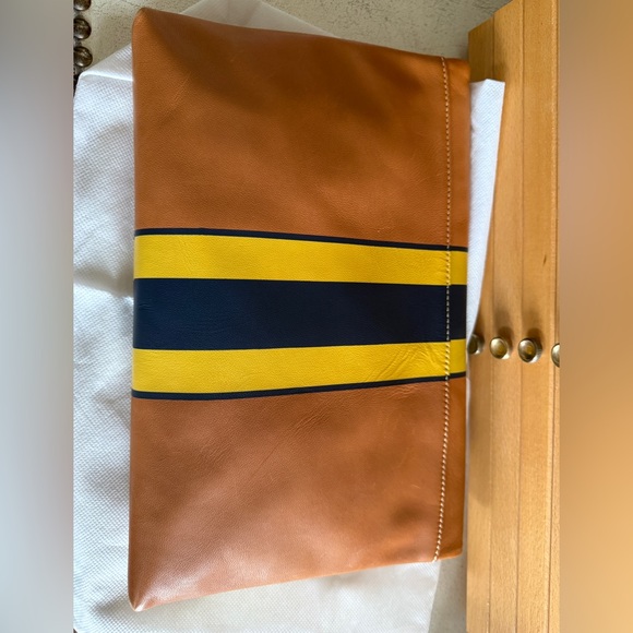 J. McLaughlin Leather Fold-Over Clutch Bag w/Navy & Yellow Stripe Brown Leather